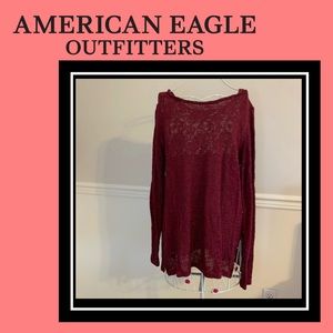 aeo | maroon sweater blouse with lace detail
